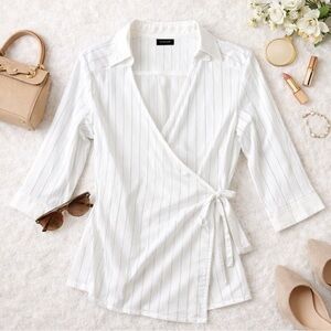 NWT Avenue Women's Stretch White Cross Over Tie 3/4 Sleeve Top Size 22/24